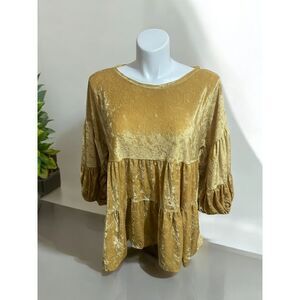 Farmhouse Frocks Gold Velvet Babydoll Tiered Tunic‎ Peasant Blouse Boho Size L